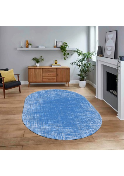 Dijital Baskılı Kaymaz Yıkanabilir Sade Desen Oval Yolluk Mutfak Salon Halısı, V-O-Sade-14-Mavi,