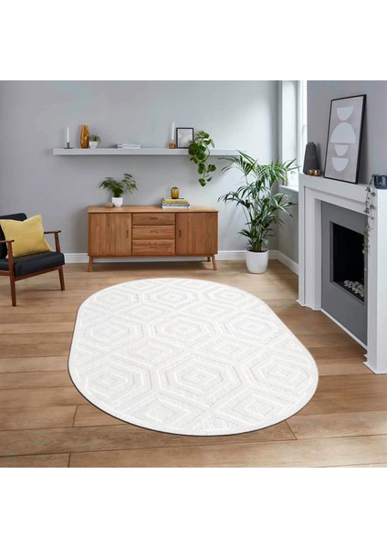 Dijital Baskılı Kaymaz Yıkanabilir Sade Desen Oval Yolluk Mutfak Salon Halısı, V-O-Sade-26-Beyaz,