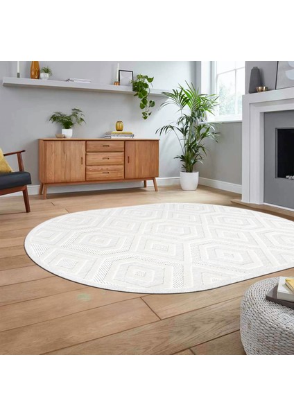 Dijital Baskılı Kaymaz Yıkanabilir Sade Desen Oval Yolluk Mutfak Salon Halısı, V-O-Sade-26-Beyaz,