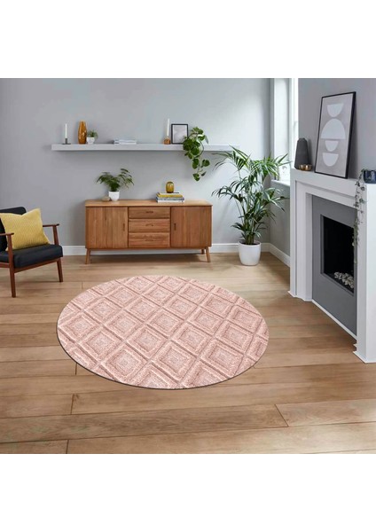 Dijital Baskılı Kaymaz Yıkanabilir Sade Desen Yuvarlak Mutfak Salon Halısı, V-Y-Sade-28-Pembe,
