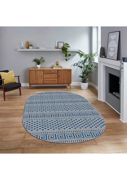 Dijital Baskılı Kaymaz Yıkanabilir Sade Desen Oval Yolluk Mutfak Salon Halısı, V-O-Sade-21-Mavi,