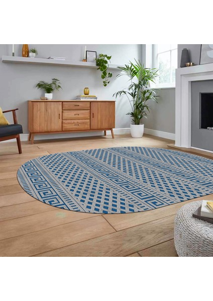 Dijital Baskılı Kaymaz Yıkanabilir Sade Desen Oval Yolluk Mutfak Salon Halısı, V-O-Sade-21-Mavi,