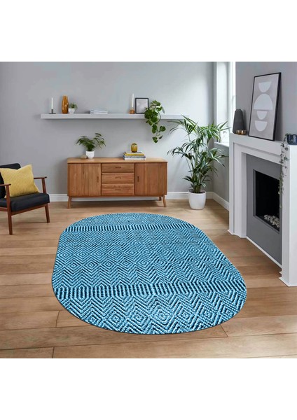 Dijital Baskılı Kaymaz Yıkanabilir Sade Desen Oval Yolluk Mutfak Salon Halısı, V-O-Sade-18-Mavi,