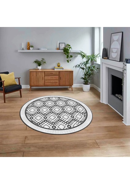 Dijital Baskılı Kaymaz Yıkanabilir Sade Desen Yuvarlak Mutfak Salon Halısı, V-Y-Sade-19-Beyaz,