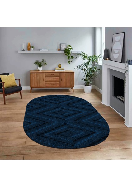 Dijital Baskılı Kaymaz Yıkanabilir Sade Desen Oval Yolluk Mutfak Salon Halısı, V-O-Sade-33-Mavi,