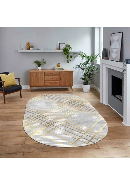 Dijital Baskılı Kaymaz Yıkanabilir Sade Desen Oval Yolluk Mutfak Salon Halısı, V-O-Sade-39-Gold,