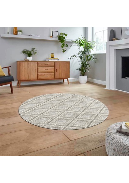 Dijital Baskılı Kaymaz Yıkanabilir Sade Desen Yuvarlak Mutfak Salon Halısı, V-Y-Sade-28-Krem,