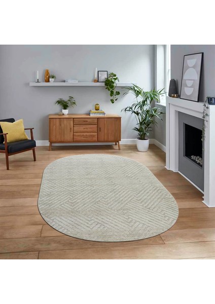 Dijital Baskılı Kaymaz Yıkanabilir Sade Desen Oval Yolluk Mutfak Salon Halısı, V-O-Sade-47-Krem,