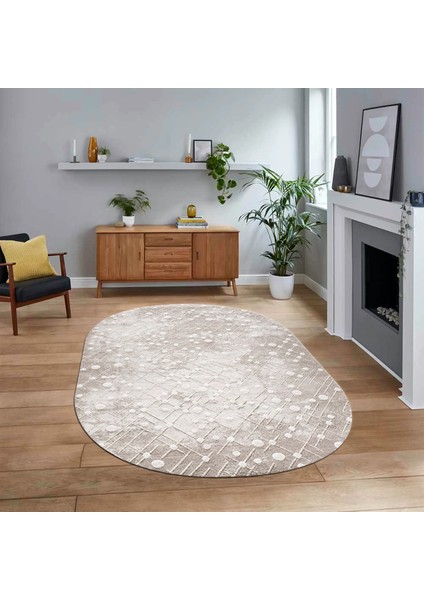 Dijital Baskılı Kaymaz Yıkanabilir Sade Desen Oval Yolluk Mutfak Salon Halısı, V-O-Sade-48-Bej,