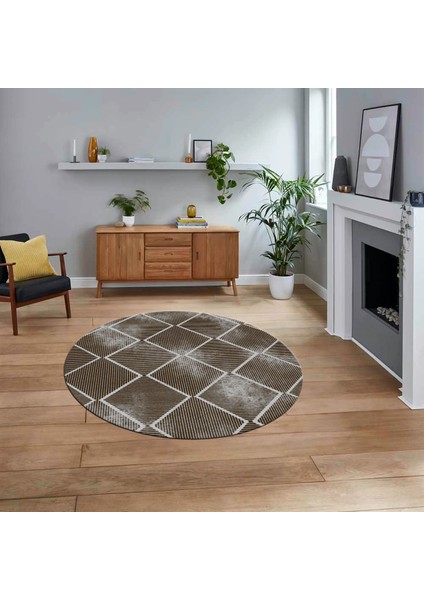Dijital Baskılı Kaymaz Yıkanabilir Sade Desen Yuvarlak Mutfak Salon Halısı, V-Y-Sade-41-Kahve,