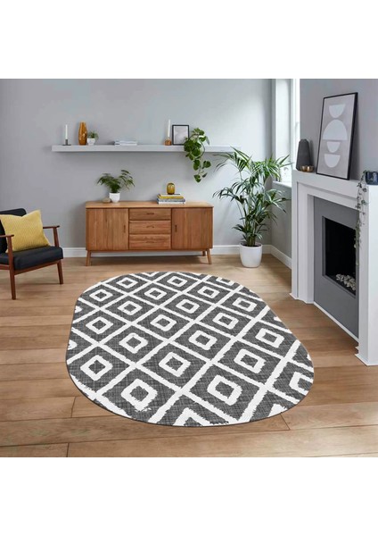 Dijital Baskılı Kaymaz Yıkanabilir Sade Desen Oval Yolluk Mutfak Salon Halısı, V-O-Sade-27-Gri,