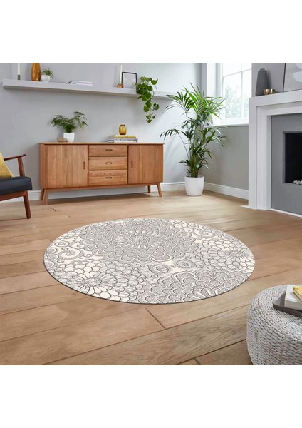 Dijital Baskılı Kaymaz Yıkanabilir Sade Desen Yuvarlak Mutfak Salon Halısı, V-Y-Sade-34-Krem,