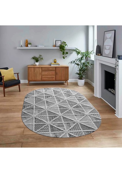 Dijital Baskılı Kaymaz Yıkanabilir Sade Desen Oval Yolluk Mutfak Salon Halısı, V-O-Sade-12-Gri,
