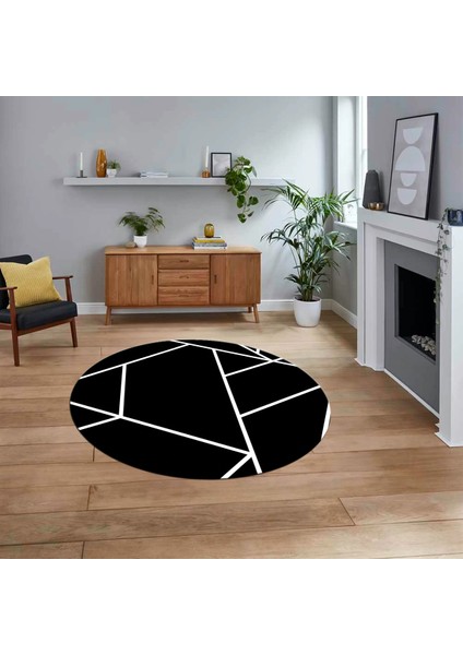 Dijital Baskılı Kaymaz Yıkanabilir Sade Desen Yuvarlak Mutfak Salon Halısı, V-Y-Sade-50-Siyah,
