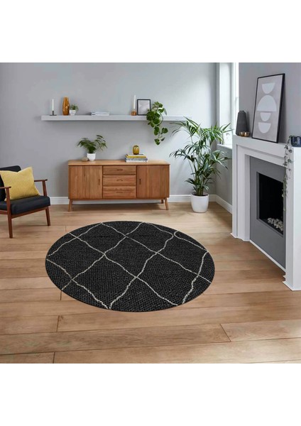 Dijital Baskılı Kaymaz Yıkanabilir Sade Desen Yuvarlak Mutfak Salon Halısı, V-Y-Sade-22-Siyah,
