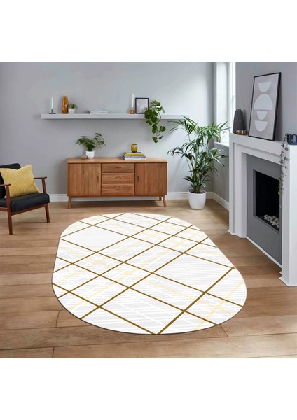 Dijital Baskılı Kaymaz Yıkanabilir Sade Desen Oval Yolluk Mutfak Salon Halısı, V-O-Sade-39-Beyaz,