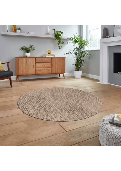 Dijital Baskılı Kaymaz Yıkanabilir Sade Desen Yuvarlak Mutfak Salon Halısı, V-Y-Sade-38-Bej,
