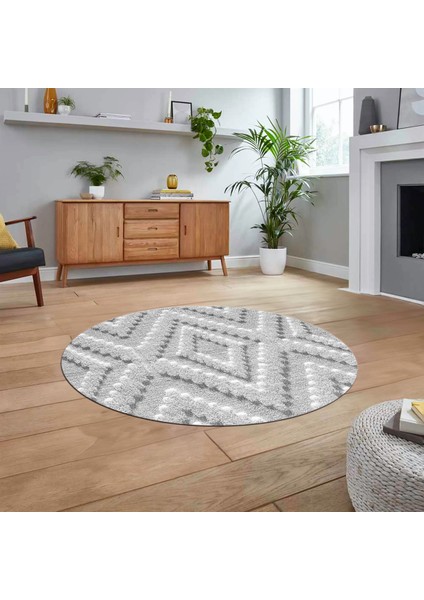 Dijital Baskılı Kaymaz Yıkanabilir Sade Desen Yuvarlak Mutfak Salon Halısı, V-Y-Sade-33-Gri,