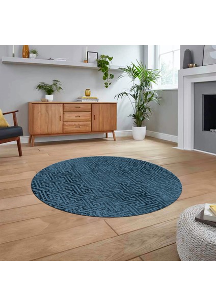 Dijital Baskılı Kaymaz Yıkanabilir Sade Desen Yuvarlak Mutfak Salon Halısı, V-Y-Sade-38-Mavi,