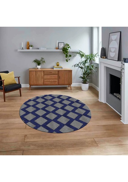 Dijital Baskılı Kaymaz Yıkanabilir Sade Desen Yuvarlak Mutfak Salon Halısı, V-Y-Sade-40-Mavi,