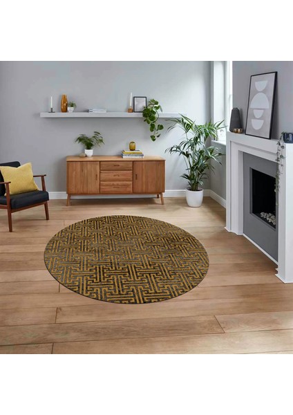Dijital Baskılı Kaymaz Yıkanabilir Sade Desen Yuvarlak Mutfak Salon Halısı, V-Y-Sade-38-Gold,