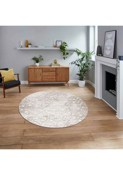 Dijital Baskılı Kaymaz Yıkanabilir Sade Desen Yuvarlak Mutfak Salon Halısı, V-Y-Sade-48-Bej,