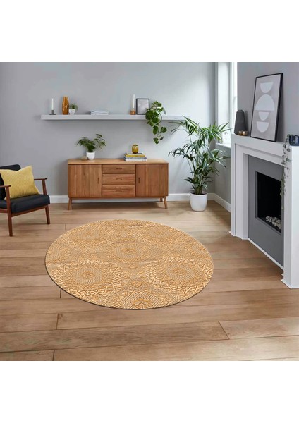 Dijital Baskılı Kaymaz Yıkanabilir Sade Desen Yuvarlak Mutfak Salon Halısı, V-Y-Sade-15-Kahve,