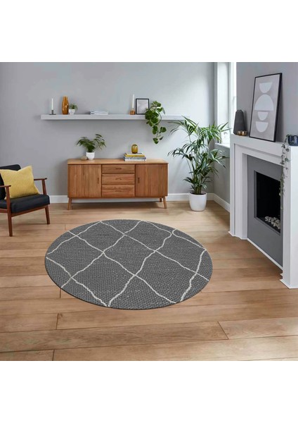 Dijital Baskılı Kaymaz Yıkanabilir Sade Desen Yuvarlak Mutfak Salon Halısı, V-Y-Sade-22-Gri,