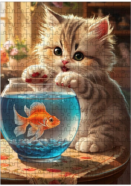 Ahşap Mdf Puzzle Yapboz Yavru Kedi Akvaryum Başında 255 Parça 35*50 cm