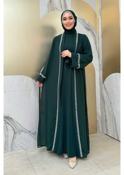 Inci Detaylı Abaya Elbise Takım 8493 Zümrüt