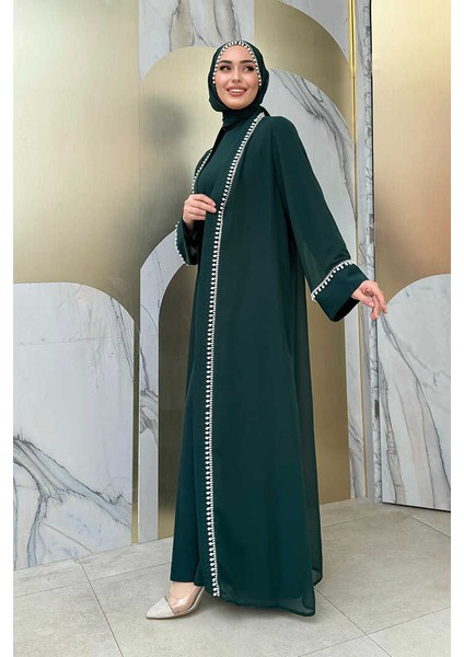 Inci Detaylı Abaya Elbise Takım 8493 Zümrüt modelleri