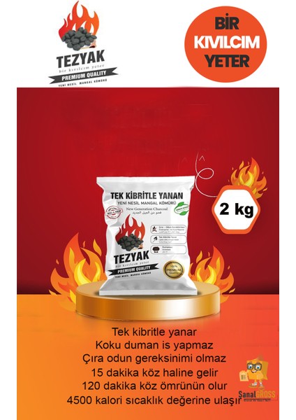 Tek Kibritle Yanan Yeni Nesil Mangal Kömürü 2 kg x 2 Paket