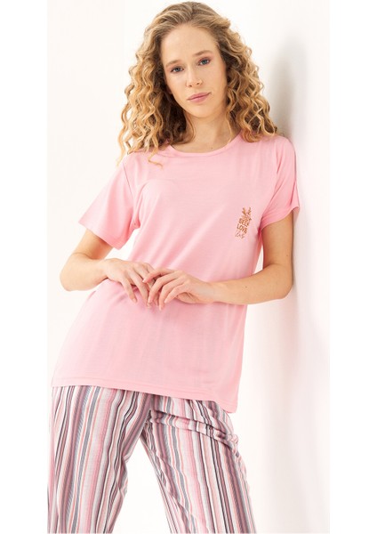 Somon Çizgili Viskon Kadın Pijama Takımı