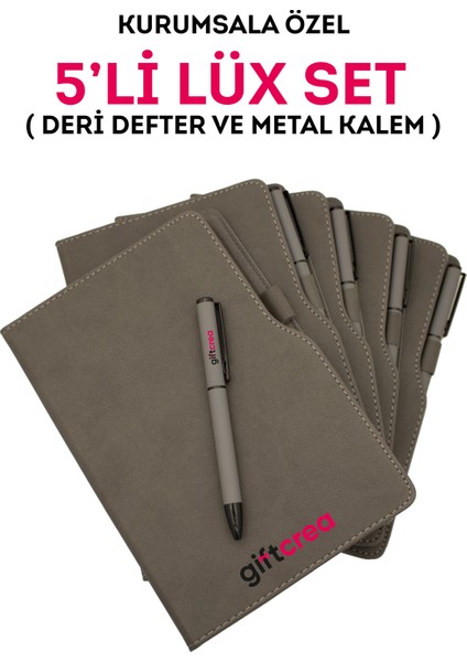 Kurumsal Firmalara Özel Baskılı Özelleştirilebilir, 5'li Deri Defter ve Metal Kalem Seti