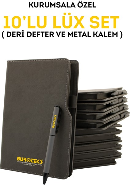 Kurumsal Firmalara Özel Baskılı Özelleştirilebilir, 10'lu Deri Defter ve Metal Kalem Seti