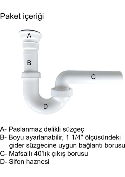 koku önleyici evye sifonu 100/0, 1 1/4'', DN40, paslanmaz delikli süzgeçli, koku yapmaz, kolay uygulanır, her yöne dönebilen mafsallı 40'lık çıkış borulu indirimleri