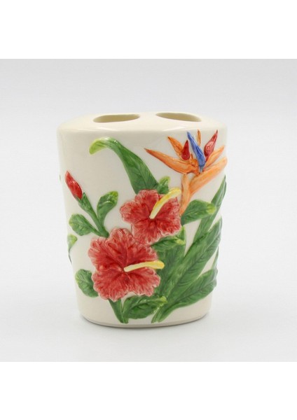 Ince Seramik Tropikal Cennet Kuşu ve Hibiscus Çiçek Tasarımlı Diş Fırçası Tutucu, 4-1/2" H (Yurt Dışından)