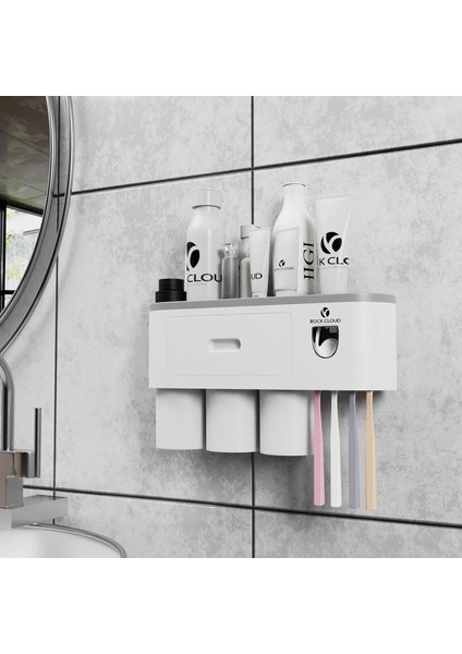 Diş Fırçası Tutucu Duvara Monte Otomatik Diş Macunu Dispenseri Sıkacağı Seti Yerden Tasarruf, 4 Diş Fırçası Yuvası, Banyo Için 2 Bardak ve Çekmece (Yurt Dışından)