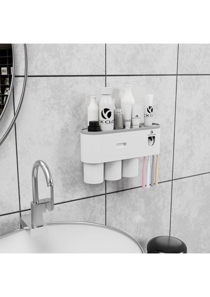 Diş Fırçası Tutucu Duvara Monte Otomatik Diş Macunu Dispenseri Sıkacağı Seti Yerden Tasarruf, 4 Diş Fırçası Yuvası, Banyo Için 2 Bardak ve Çekmece (Yurt Dışından)