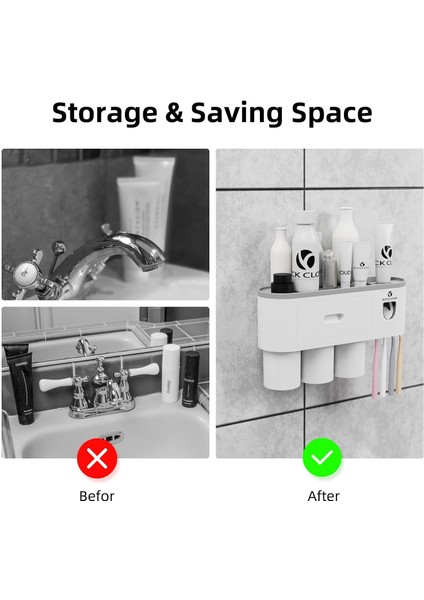 Diş Fırçası Tutucu Duvara Monte Otomatik Diş Macunu Dispenseri Sıkacağı Seti Yerden Tasarruf, 4 Diş Fırçası Yuvası, Banyo Için 2 Bardak ve Çekmece (Yurt Dışından)