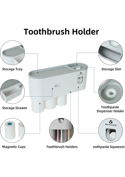 Diş Fırçası Tutucu Duvara Monte Otomatik Diş Macunu Dispenseri Sıkacağı Seti Yerden Tasarruf, 4 Diş Fırçası Yuvası, Banyo Için 2 Bardak ve Çekmece (Yurt Dışından)
