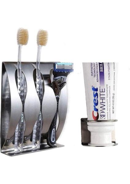 Paslanmaz Çelik Duvara Monte Banyo Diş Fırçası Tutucu, Banyo Dolabı Organizatör Aksesuarları, 3m Kendinden Yapışkanlı 1 Diş Fırçası + 1 Diş Macunu Tutucu Dispenseri, Jilet Tutucu (Yurt Dışından)
