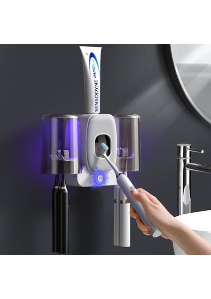 Banyolar Için Diş Fırçası Tutucuları, Otomatik Diş Macunu Dispenseri Yerden Tasarruflu Diş Fırçası ve Diş Macunu Tutucusu, Banyo Için 2 Bardak ile Duvara Monte Diş Fırçası Tutucusu (Yurt Dışından)