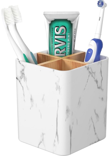 Banyolar Için Diş Fırçası Tutucuları, 4 Yuva Bambu Bölücülü Diş Macunu Organizatörü Banyo Aksesuarları Depolama Vanity Tezgah Için Elektrikli Diş Fırçası Standı, Beyaz Mermer (Yurt Dışından)