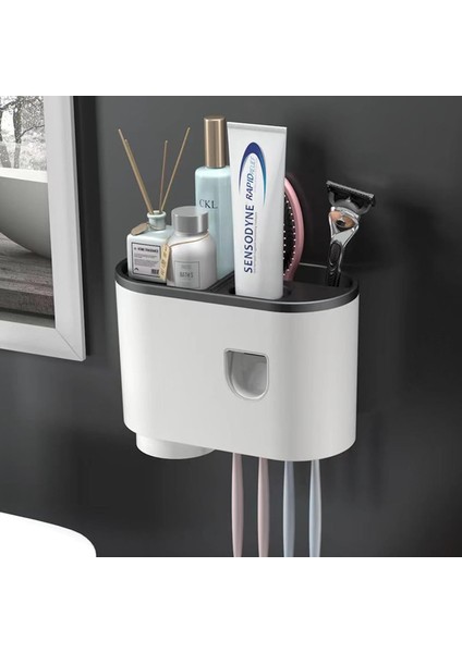 Diş Macunu Dispenseri ile Duvara Monte Banyo Diş Fırçası Tutucu - Diş Fırçaları ve Bardaklar Için Yaratıcı Saklama, Sondaj Gerekmez - Ev Kullanımı Için Banyo Düzenleyici (Yurt Dışından)