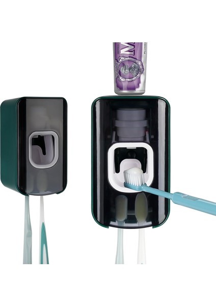 2 Yuvalı Diş Fırçalığı ve Diş Macunu Dispenseri Duvara Monte, Otomatik Diş Macunu Sıkacağı, 2'si 1 Arada Diş Fırçası Duş Için Diş Macunu Düzenleyici (Yeşil) (Yurt Dışından)