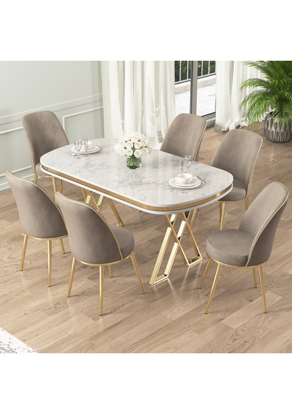 Lai Serisi 90X168 Lak Panel Beyaz Mermer Desen Gold Ayak Masa Takımı 6 Sandalye