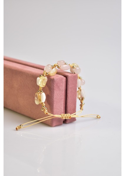 Pembe Kuvars - Sitrin Doğal Taş Makrome Bileklik