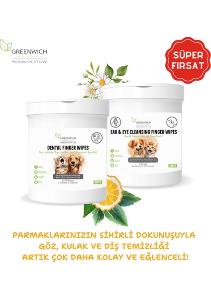 Diş Göz Kulak Temizleme Parmak Mendil Hijyenik Islak Mendil Seti Vegan Bitkisel Içerikli Kedi Köpek 50 Adet*2