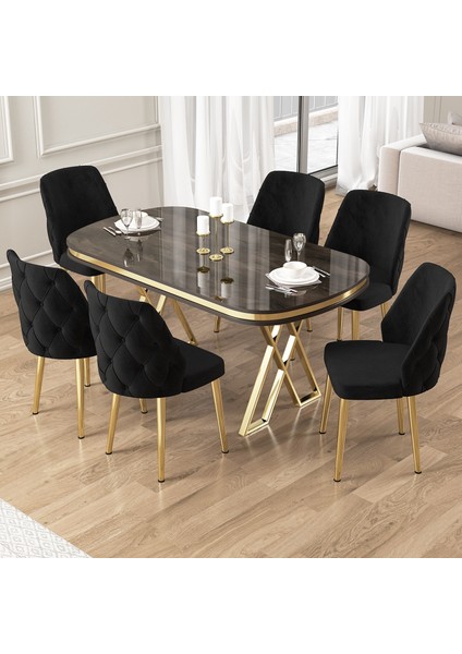 Afe Serisi 90X168 Lak Panel Antrasit Ironi Gold Ayak Masa Takımı 6 Sandalye